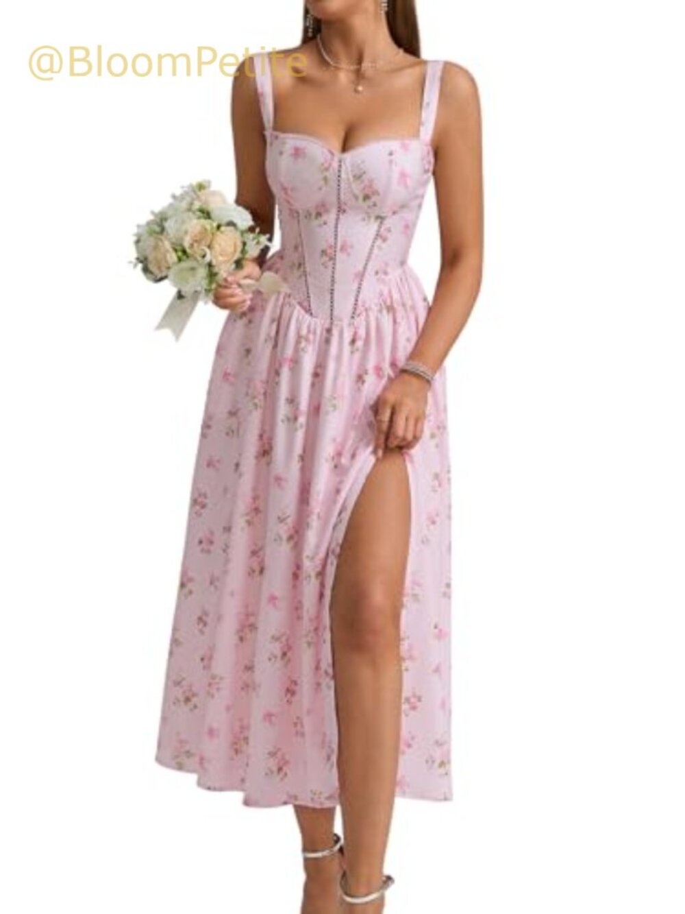 Floral Corset Midi Dress Square Neck Smocked A-Line Sleeveless Wedding Guest